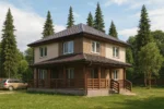 Проект дома «М-147» из СИП-панелей, 147 м² — двухэтажный дом с бежевым фасадом, коричневой крышей и террасой | HotWell.KZ