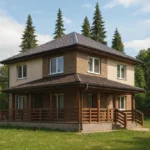 Проект дома «М-147» из СИП-панелей, 147 м² — двухэтажный дом с бежевым фасадом, коричневой крышей и террасой | HotWell.KZ