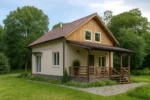 Проект дома «М-148» из СИП-панелей, 148 м² — двухэтажный дом с бежевым фасадом, коричневой крышей и террасой | HotWell.KZ