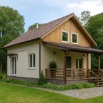 Проект дома «М-148» из СИП-панелей, 148 м² — двухэтажный дом с бежевым фасадом, коричневой крышей и террасой | HotWell.KZ