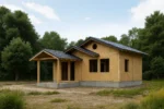 Дом «М-151», 151 м², 1.5 этажа, в черновой отделке: коробка из СИП-панелей OSB-3, двускатная кровля из металлочерепицы, проёмы без окон и дверей, в проёмах видны сосновые балки перекрытия