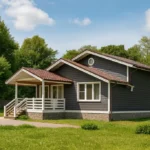 Проект дома «М-151Б» из СИП-панелей, 151 м² — одноэтажный дом с серым фасадом, коричневой крышей и крытым крыльцом | HotWell.KZ