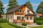Проект дома «М-151В» из СИП-панелей, 151 м² — двухэтажный дом с бежевым фасадом, коричневой крышей и балконом | HotWell.KZ