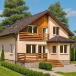 Проект дома «М-151В» из СИП-панелей, 151 м² — двухэтажный дом с бежевым фасадом, коричневой крышей и балконом | HotWell.KZ