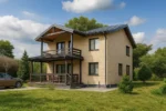 Проект дома «М-152» из СИП-панелей, 152 м² — двухэтажный дом с бежевым фасадом, серой крышей и балконом | HotWell.KZ