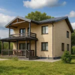 Проект дома «М-152» из СИП-панелей, 152 м² — двухэтажный дом с бежевым фасадом, серой крышей и балконом | HotWell.KZ