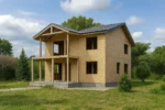 Дом «М-152», 152 м², 2 этажа, в черновой отделке: коробка из СИП-панелей OSB-3, двускатная кровля из металлочерепицы, проёмы без окон и дверей, в проёмах видны сосновые балки перекрытия
