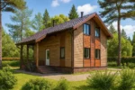Проект дома «М-152Б» из СИП-панелей, 152 м² — двухэтажный дом с деревянным фасадом, коричневой крышей и террасой | HotWell.KZ