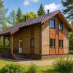 Проект дома «М-152Б» из СИП-панелей, 152 м² — двухэтажный дом с деревянным фасадом, коричневой крышей и террасой | HotWell.KZ