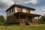 Проект дома «М-155» из СИП-панелей, 155 м² — двухэтажный дом с коричневым фасадом, коричневой крышей и крытым крыльцом | HotWell.KZ