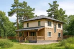 Проект дома «М-156» из СИП-панелей, 156 м² — двухэтажный дом с бежевым фасадом, серой крышей и крытой террасой | HotWell.KZ
