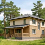 Проект дома «М-156» из СИП-панелей, 156 м² — двухэтажный дом с бежевым фасадом, серой крышей и крытой террасой | HotWell.KZ