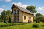 Проект дома «М-160» из СИП-панелей, 160 м² — двухэтажный дом с бежевым фасадом, серой крышей и панорамными окнами | HotWell.KZ