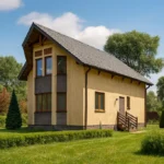 Проект дома «М-160» из СИП-панелей, 160 м² — двухэтажный дом с бежевым фасадом, серой крышей и панорамными окнами | HotWell.KZ
