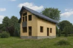 Дом «М-160», 160 м², 1.5 этажа, в черновой отделке: коробка из СИП-панелей OSB-3, двускатная кровля из металлочерепицы, проёмы без окон и дверей, в проёмах видны сосновые балки перекрытия