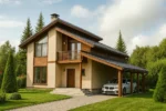Проект дома «М-160Б» из СИП-панелей, 160 м² — двухэтажный дом с бежевым фасадом, черной крышей и балконом | HotWell.KZ