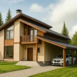Проект дома «М-160Б» из СИП-панелей, 160 м² — двухэтажный дом с бежевым фасадом, черной крышей и балконом | HotWell.KZ