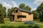 Проект дома «М-161» из СИП-панелей, 161 м² — двухэтажный дом с деревянным фасадом, черной крышей и крыльцом | HotWell.KZ