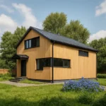 Проект дома «М-161» из СИП-панелей, 161 м² — двухэтажный дом с деревянным фасадом, черной крышей и крыльцом | HotWell.KZ