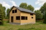 Дом «М-161», 161 м², 1.5 этажа, в черновой отделке: коробка из СИП-панелей OSB-3, двускатная кровля из металлочерепицы, проёмы без окон и дверей, в проёмах видны сосновые балки перекрытия