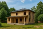 Дом «М-163», 163 м², 2 этажа, в черновой отделке: коробка из СИП-панелей OSB-3, вальмовая кровля из металлочерепицы, проёмы без окон и дверей, в проёмах видны сосновые балки перекрытия