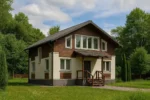 Проект дома «М-164» из СИП-панелей, 164 м² — двухэтажный дом с коричневым фасадом, серой крышей и крыльцом | HotWell.KZ