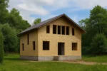 Дом «М-164», 164 м², 1.5 этажа, в черновой отделке: коробка из СИП-панелей OSB-3, двускатная кровля из металлочерепицы, проёмы без окон и дверей, в проёмах видны сосновые балки перекрытия