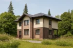 Проект дома «М-166» из СИП-панелей, 166 м² — двухэтажный дом с бежевым фасадом, коричневыми вставками и серой крышей | HotWell.KZ