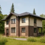 Проект дома «М-166» из СИП-панелей, 166 м² — двухэтажный дом с бежевым фасадом, коричневыми вставками и серой крышей | HotWell.KZ