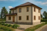 Проект дома «М-170» из СИП-панелей, 170 м² — двухэтажный дом с бежевым фасадом, коричневой крышей и каменным цоколем | HotWell.KZ