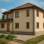 Проект дома «М-170» из СИП-панелей, 170 м² — двухэтажный дом с бежевым фасадом, коричневой крышей и каменным цоколем | HotWell.KZ