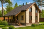 Проект дома «М-171» из СИП-панелей, 171 м² — двухэтажный дом с бежевым фасадом, коричневой крышей и террасой | HotWell.KZ