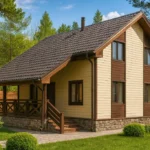 Проект дома «М-171» из СИП-панелей, 171 м² — двухэтажный дом с бежевым фасадом, коричневой крышей и террасой | HotWell.KZ