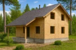 Дом «М-171», 171 м², 1.5 этажа, в черновой отделке: коробка из СИП-панелей OSB-3, двускатная кровля из металлочерепицы, проёмы без окон и дверей, в проёмах видны сосновые балки перекрытия