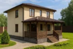 Проект дома «М-172» из СИП-панелей, 172 м² — двухэтажный дом с бежевым фасадом, коричневой крышей и крытым крыльцом | HotWell.KZ