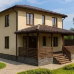Проект дома «М-172» из СИП-панелей, 172 м² — двухэтажный дом с бежевым фасадом, коричневой крышей и крытым крыльцом | HotWell.KZ