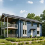 Проект дома «М-179» из СИП-панелей, 179 м² — двухэтажный дом с синим фасадом, черной крышей и балконом | HotWell.KZ