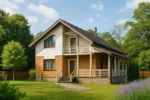 Проект дома «М-180» из СИП-панелей, 180 м² — двухэтажный дом с коричневым фасадом, черной крышей и террасой | HotWell.KZ