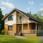 Проект дома «М-180» из СИП-панелей, 180 м² — двухэтажный дом с коричневым фасадом, черной крышей и террасой | HotWell.KZ