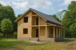 Дом «М-180», 180 м², 1.5 этажа, в черновой отделке: коробка из СИП-панелей OSB-3, двускатная кровля из металлочерепицы, проёмы без окон и дверей, в проёмах видны сосновые балки перекрытия