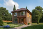 Проект дома «М-181Б» из СИП-панелей, 181 м² — двухэтажный дом с коричневым фасадом, красной крышей и крытым крыльцом | HotWell.KZ