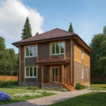 Проект дома «М-181Б» из СИП-панелей, 181 м² — двухэтажный дом с коричневым фасадом, красной крышей и крытым крыльцом | HotWell.KZ