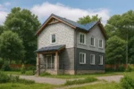 Проект дома «М-182» из СИП-панелей, 182 м² — двухэтажный дом с серым фасадом, синей крышей и крыльцом | HotWell.KZ