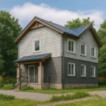 Проект дома «М-182» из СИП-панелей, 182 м² — двухэтажный дом с серым фасадом, синей крышей и крыльцом | HotWell.KZ