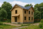 Дом «М-182», 182 м², 2 этажа, в черновой отделке: коробка из СИП-панелей OSB-3, двускатная кровля из металлочерепицы, проёмы без окон и дверей, в проёмах видны сосновые балки перекрытия