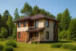 Проект дома «М-182Б» из СИП-панелей, 182 м² — двухэтажный дом с коричневым сайдингом, коричневой крышей и крыльцом | HotWell.KZ