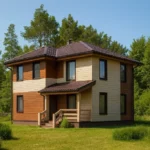 Проект дома «М-182Б» из СИП-панелей, 182 м² — двухэтажный дом с коричневым сайдингом, коричневой крышей и крыльцом | HotWell.KZ