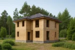 Дом «М-182Б», 182 м², 2 этажа, в черновой отделке: коробка из СИП-панелей OSB-3, вальмовая кровля из металлочерепицы, проёмы без окон и дверей, в проёмах видны сосновые балки перекрытия