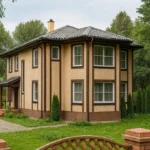 Проект дома «М-185» из СИП-панелей, 185 м² — двухэтажный дом с бежевым фасадом, серой крышей и крытым крыльцом | HotWell.KZ
