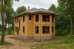 Дом «М-185», 185 м², 2 этажа, в черновой отделке: коробка из СИП-панелей OSB-3, вальмовая кровля из металлочерепицы, проёмы без окон и дверей, в проёмах видны сосновые балки перекрытия